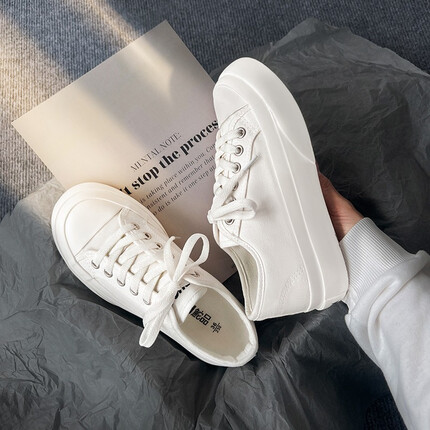 鮀品厚底帆布鞋女百搭学生增高小白鞋日系原创可爱大头鞋子休闲女鞋 白色 37
