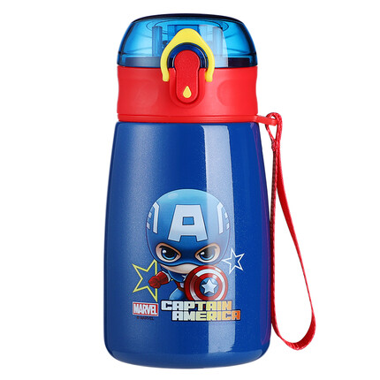 迪士尼 (Disney) 儿童保温杯带吸管316不锈钢男女宝宝学饮杯子幼儿园小学生便携直饮壶380ML HM3322A3 美队蓝