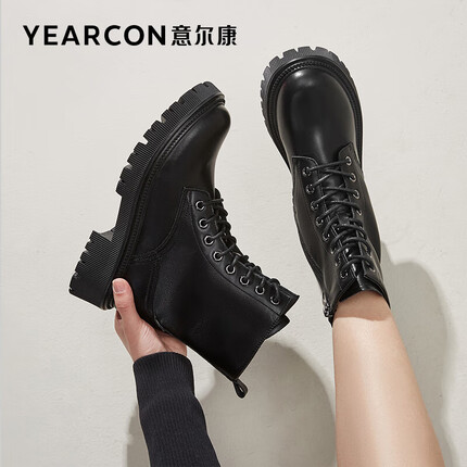 意尔康女鞋圆头平底马丁靴系带时尚短靴加绒保暖棉鞋女 29918W 黑色 38 