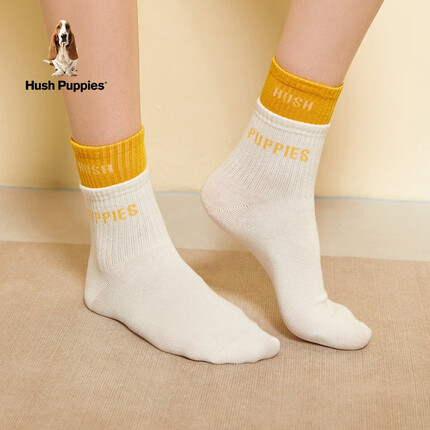 Hush Puppies暇步士袜子女士春秋季假两层个性时尚字母撞色休闲中筒袜棉袜 118白色 均码