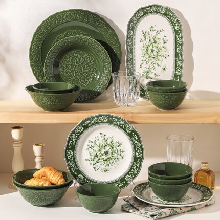 川岛屋（KAWASIMAYA）川岛屋复古碗碟套装家用2022新款高颜值餐具礼盒陶瓷碗盘面碗饭碗 6人食19件套礼盒装（绿色）