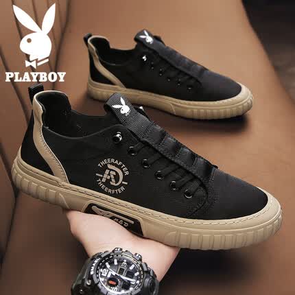 花花公子(PLAYBOY)鞋子男鞋2023秋冬季帆布鞋男款百搭休闲鞋男士运动鞋 黑色 42