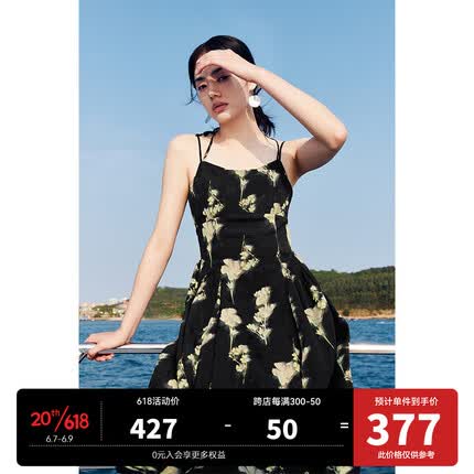 太平鸟夏季新款主题纹样吊带连衣裙A1FAC3202 黑色纹样 L