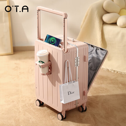 OTA前开口行李箱女新款宽拉杆20英寸多功能商务登机箱小型旅行箱男 樱花粉 前开盖设计+杯架+USB充电 20寸 登机箱