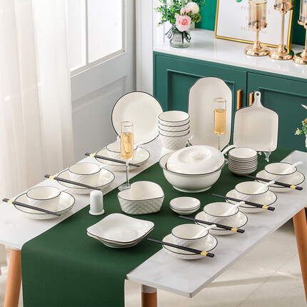 洁雅杰碗碟套装欧式陶瓷餐具套装家用碗盘碟礼盒装乔迁送礼62头钻石黑线