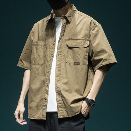 古先森美式复古重磅水洗短袖衬衫男夏季上衣宽松大码工装衬衣男士半袖 咖色 XL【145-160斤】