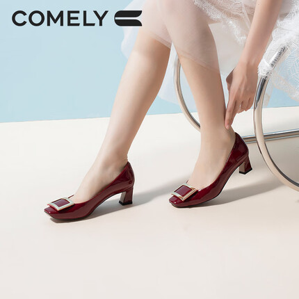 康莉（COMELY）秋款单鞋女粗跟方头牛皮气质方扣优雅通勤中跟鞋 红色 37