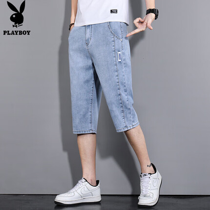 花花公子（PLAYBOY）牛仔短裤男2023夏潮流休闲裤七分宽松直筒中裤薄款裤子 浅蓝 36 