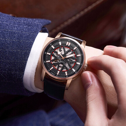 西亚尼手表男机械表镂空品牌名表全自动男士男款十大男表防水运动腕表 金黑皮带 CIRNI