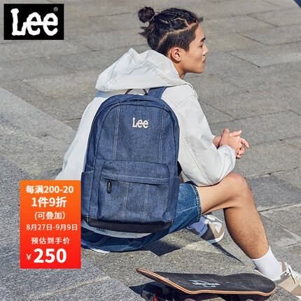 Lee双肩包男14英寸大容量电脑包运动旅行同款登山背包轻商务牛仔包 牛仔蓝
