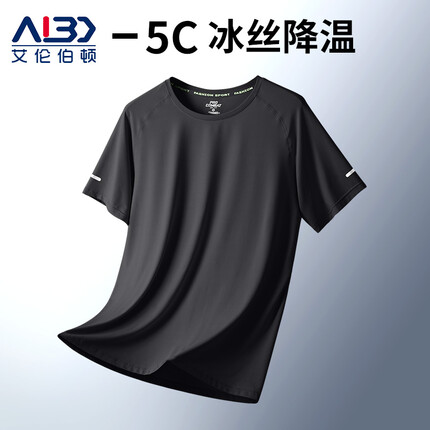 艾伦伯顿（Alen Botun） 运动短袖t恤男夏季吸汗衣篮球跑步女速干衣服健身服夏天冰丝上衣 黑色【冰丝 透气】 L(175-180CM)