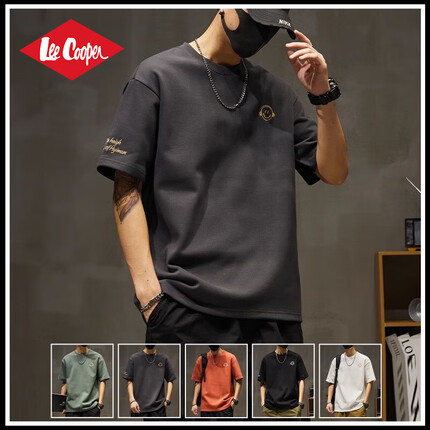 Lee Cooper重磅棉质短袖t恤男士夏季薄款宽松大码上衣潮流圆领半袖体恤 深灰 单件 XL码