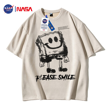 NASA GISS潮牌短袖T恤男联名款宽松休闲舒适圆领青少年校园情侣装 米杏 L 
