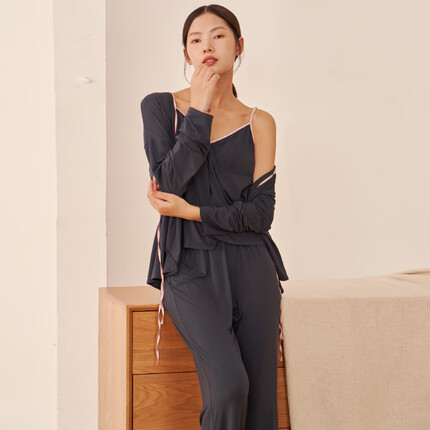 觅丝(Agentmuse)裸感睡衣女性感三件套秋冬复古莫代尔家居服带杯垫套装346T乌木色L