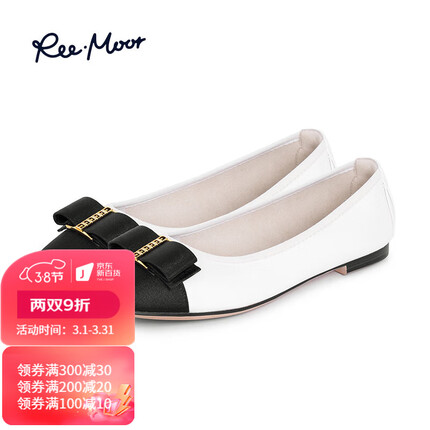 reemoor睿慕蝴蝶结方头拼色平底鞋女2023春夏新款芭蕾舞单鞋女ins 白色 38