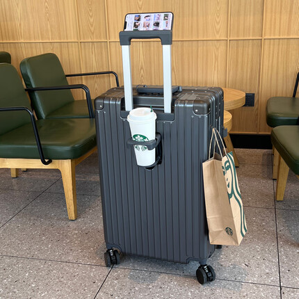 金登仕多功能行李箱 网红新款学生旅行箱女 静音铝框拉杆箱男登机密码箱 太空灰 26英寸(多功能USB充电+水杯支架)
