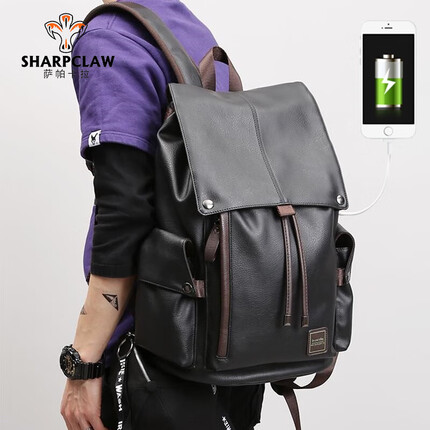 萨帕卡拉品牌双肩包男牛皮大容量16英寸电脑包百搭双肩背包简约轻便大容量旅行包 黑色带充电款 宽30*厚18*高44cm