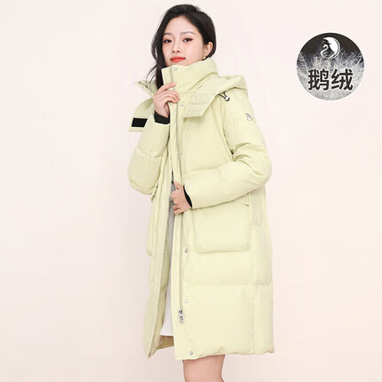 雪中飞秋冬款女士羽绒服中长款大口袋连帽羽绒衣时尚胸章保暖外套 鹅绒填充 X20141456F 自然绿 175/96A 