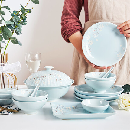 玉泉樱花物语日式清新碗碟餐具 淡雅个性陶瓷餐具套装 6人家用送礼 简约创意饭碗菜盘26头组合套装 26头蓝色