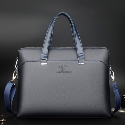 酷奇袋鼠休闲公文包质感男士手提包手拿大容量包商务简约单肩斜挎包 蓝色