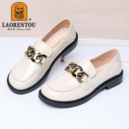老人头单鞋女平底百搭英伦风气质女鞋舒适透气漆皮鞋圆头通勤中年女鞋妈妈鞋 LB13025 米色 35