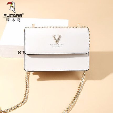 啄木鸟（TUCANO）包包女包时尚单肩包女鹿头链条包小方包斜挎女包实用礼物送女友 米白【金色麋鹿】