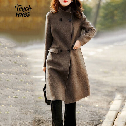 Touch Miss塔驰密司女装毛呢外套新品羊驼毛气质双排扣系带羊毛大衣XH201139557 混咖色 XL（偏大买小一码）