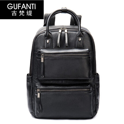 古梵缇双肩包男 头层牛皮男士双肩电脑包大容量时尚商务双肩背包旅行出差背包 gftt-208P 黑色
