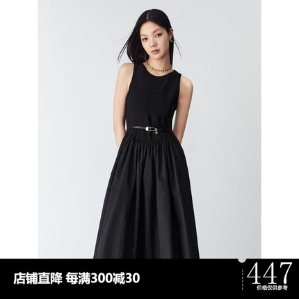 太平鸟2023年春季新款拼接连衣裙无袖高腰显瘦小黑裙长裙女士 黑色 L