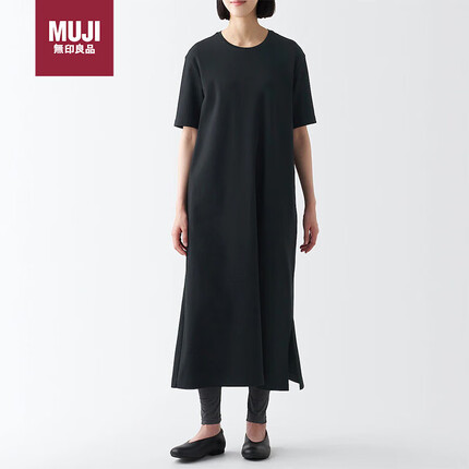 无印良品(MUJI)女式 双罗纹编织 短袖连衣裙 裙子 长裙 BBP44A3S 黑色 L