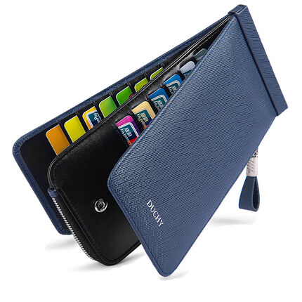 【送礼佳品】帝驰DUCHY真皮多卡位男士卡包卡套头层牛皮银行卡包男长款钱包男士钱包送男友送父亲 #301款十字纹-蓝色