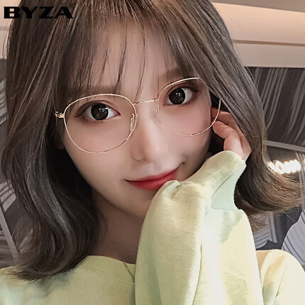 百飒近视眼镜女可配有度数眼睛框镜架男复古大圆脸素颜网红眼镜框 玫瑰金框 免费配镜(配1.56防蓝光镜片0-500度)