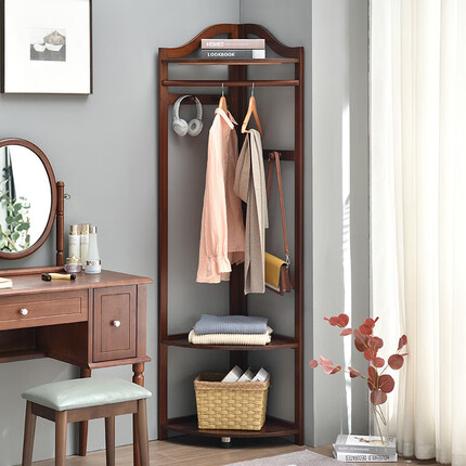 家逸实木衣帽架落地衣架卧室创意转角挂衣架棕色
