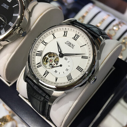 西亚尼全自动机械表飞轮皮带男士手表镂空复古国潮男款手表防水运动腕表 皮白面 CIRNI