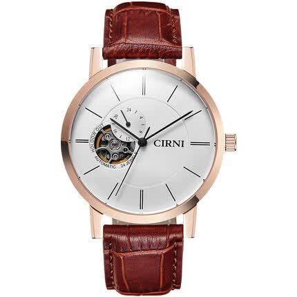 西亚尼全自动机械表飞轮真皮带男士手表镂空复古男款手表防水时尚潮男简约腕表 金白 CIRNI