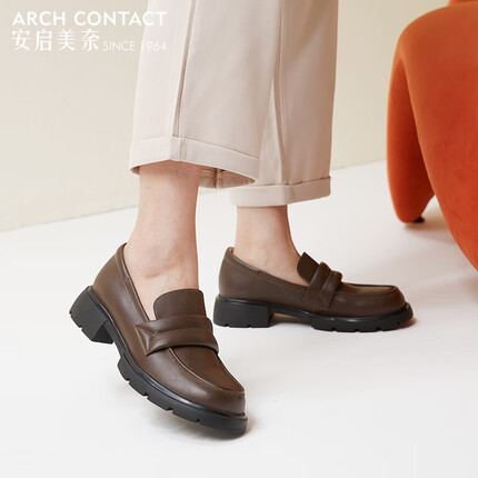 ARCH CONTACT安启美奈2022秋季新款乐福鞋百搭职业单鞋牛皮女鞋足弓设计圆头单鞋 咖啡色 37