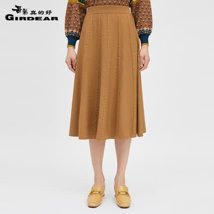 哥弟真的好女装羊毛葱纱针织中长款A字半身伞裙A200121 卡其 L(4码)