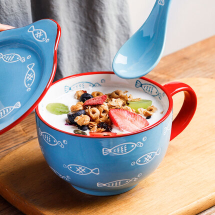 ezicok 陶瓷汤杯早餐杯大容量麦片杯牛奶杯马克杯水杯家用燕麦杯 创意手绘汤杯酸奶杯 游鱼汤杯·带盖+陶瓷勺子