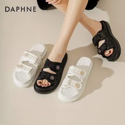 达芙妮（DAPHNE）小香风凉鞋女夏季女鞋2023新款拖鞋女外穿魔术贴运动凉鞋女 白黑色 35