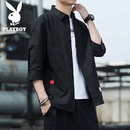 花花公子（PLAYBOY）衬衫男夏季衬衣男士外套休闲七分袖男装短袖宽松衬衫 黑色 2XL 