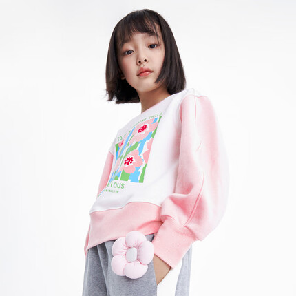 安奈儿儿童卫衣女2023春新款女童上衣帅气时髦女孩洋气圆领打底衫 米白 140cm