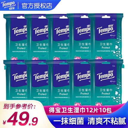 得宝（TEMPO）湿巾12片10包便携式巾德宝湿巾便携式成人湿巾清洁卫生 12片*10包
