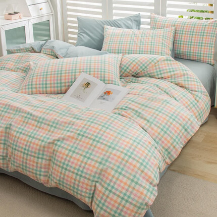 南极人（Nanjiren） 纯棉四件套英伦风床上用品套件床单被套单双人床单床笠款全棉水洗棉四件套 冰激凌绿 1.2米床单款三件套（被套1.5x2.0)