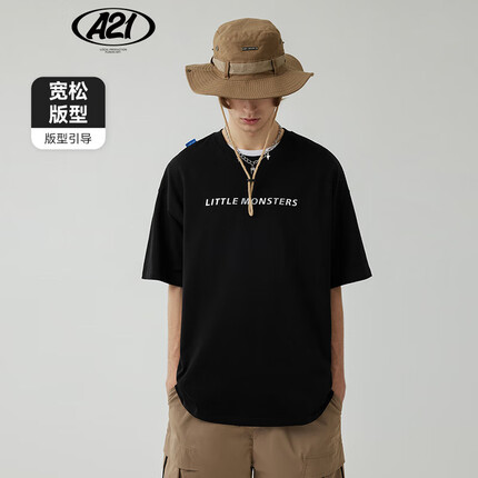 A21夏季男装韩版圆领落肩短袖T恤衫字母百搭纯棉上衣黑色 175/88A/L
