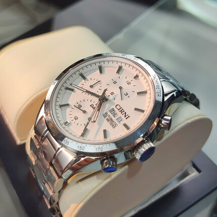 西亚尼手表 男士手表钢带时尚全自动机械表夜光防水多功能运动潮男表真皮带 钢带白面 CIRNI