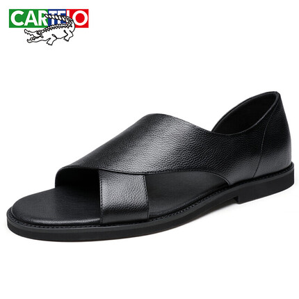 卡帝乐鳄鱼（CARTELO）夏季真皮凉鞋男头层牛皮凉皮鞋透气一脚蹬沙滩凉拖鞋9280 黑色 42