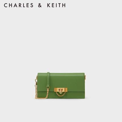 CHARLES&KEITHCK6-10701189女士金属扣链饰斜挎手拿钱包 Green绿色 XS