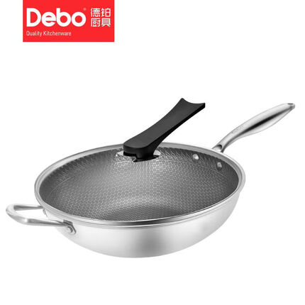 Debo304不锈钢炒锅不粘蜂窝炒菜锅具少烟不沾锅图林根34cm