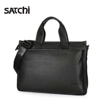 SATCHI沙驰男包真皮 商务休闲牛皮公文包头层牛皮经典大容量单肩斜挎手提包 黑色