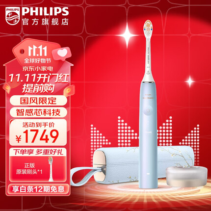 飞利浦(PHILIPS)电动牙刷 净齿呵护型 成人声波震动牙刷 2种洁齿强度可选 力度感应 智感科技-国风款-HX9997/32【天空蓝】